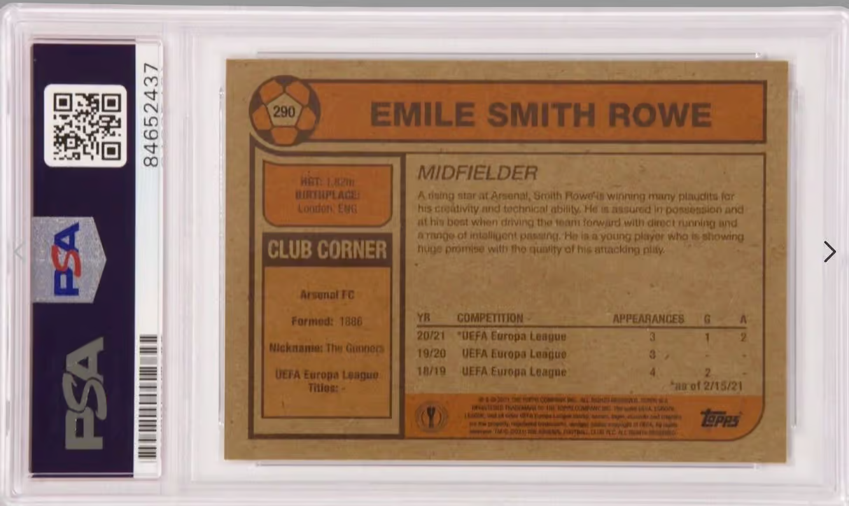Emile Smith Rowe Signed 2021 Topps Living Set #290 – PSA 10 Autograph